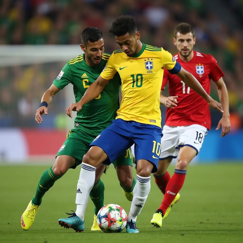 Brazil and Netherlands players battling for possession in the first half of their 2010 World Cup quarter-final match