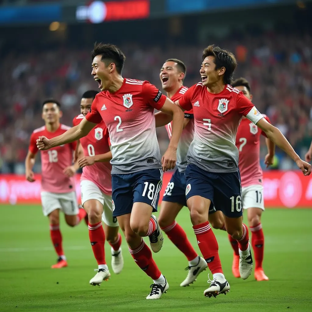 Japanese players celebrating a goal at the World Cup