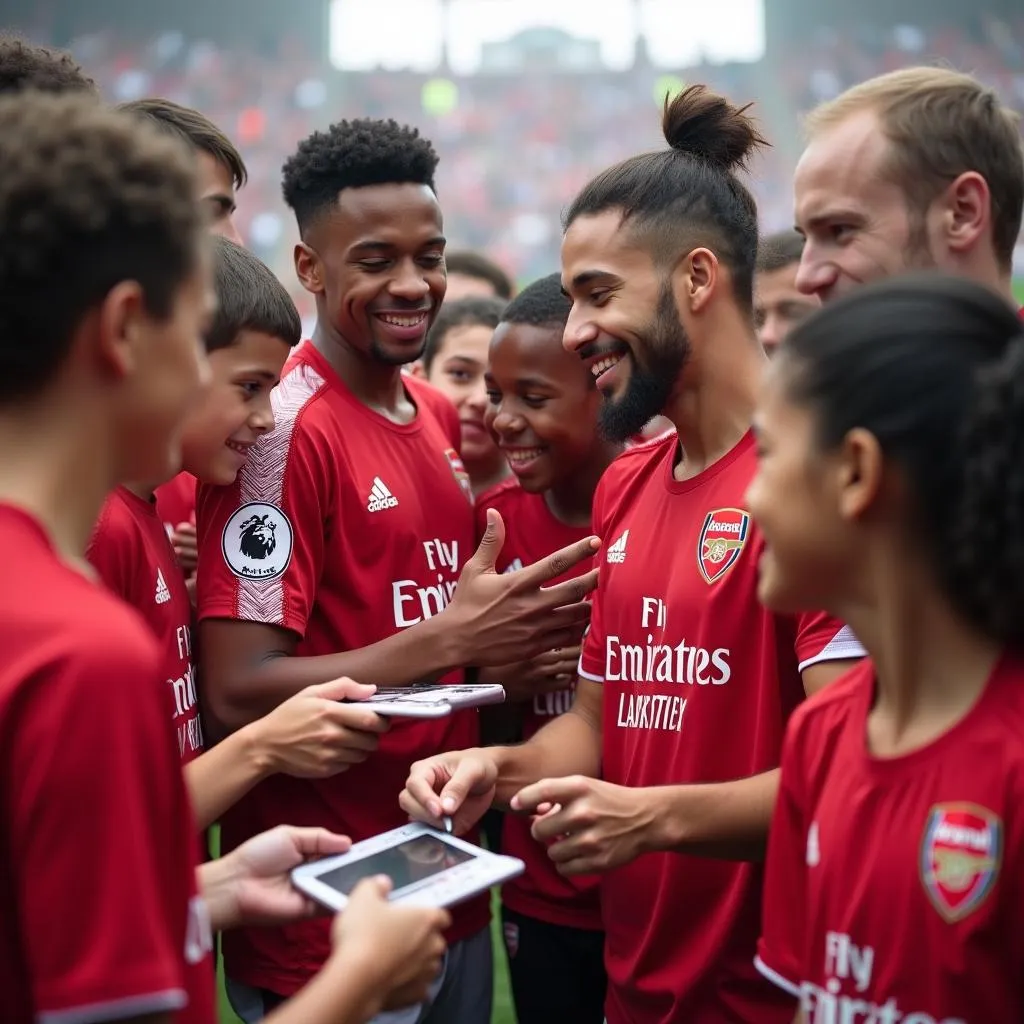 Cầu thủ Arsenal chụp ảnh cùng fan