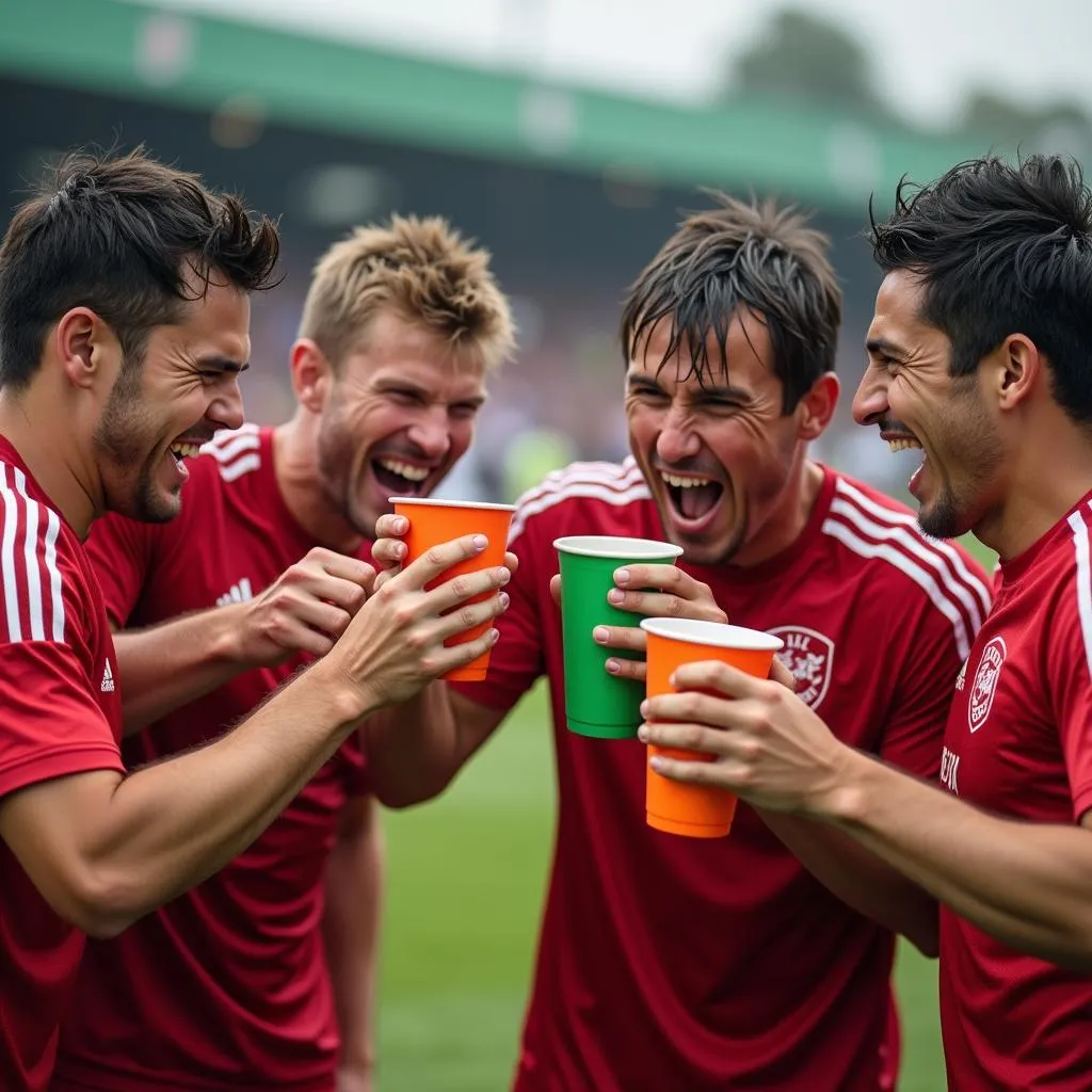 Football players celebrating a victory, hydrating with nice cups