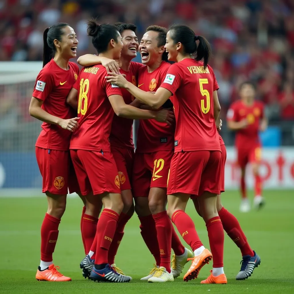 Cầu thủ Việt Nam ăn mừng chiến thắng tại Asian Cup 2019