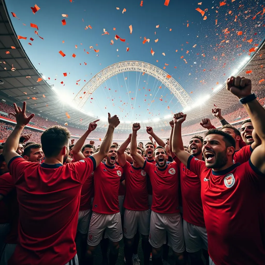 Football players celebrating a victory at Wembley Stadium