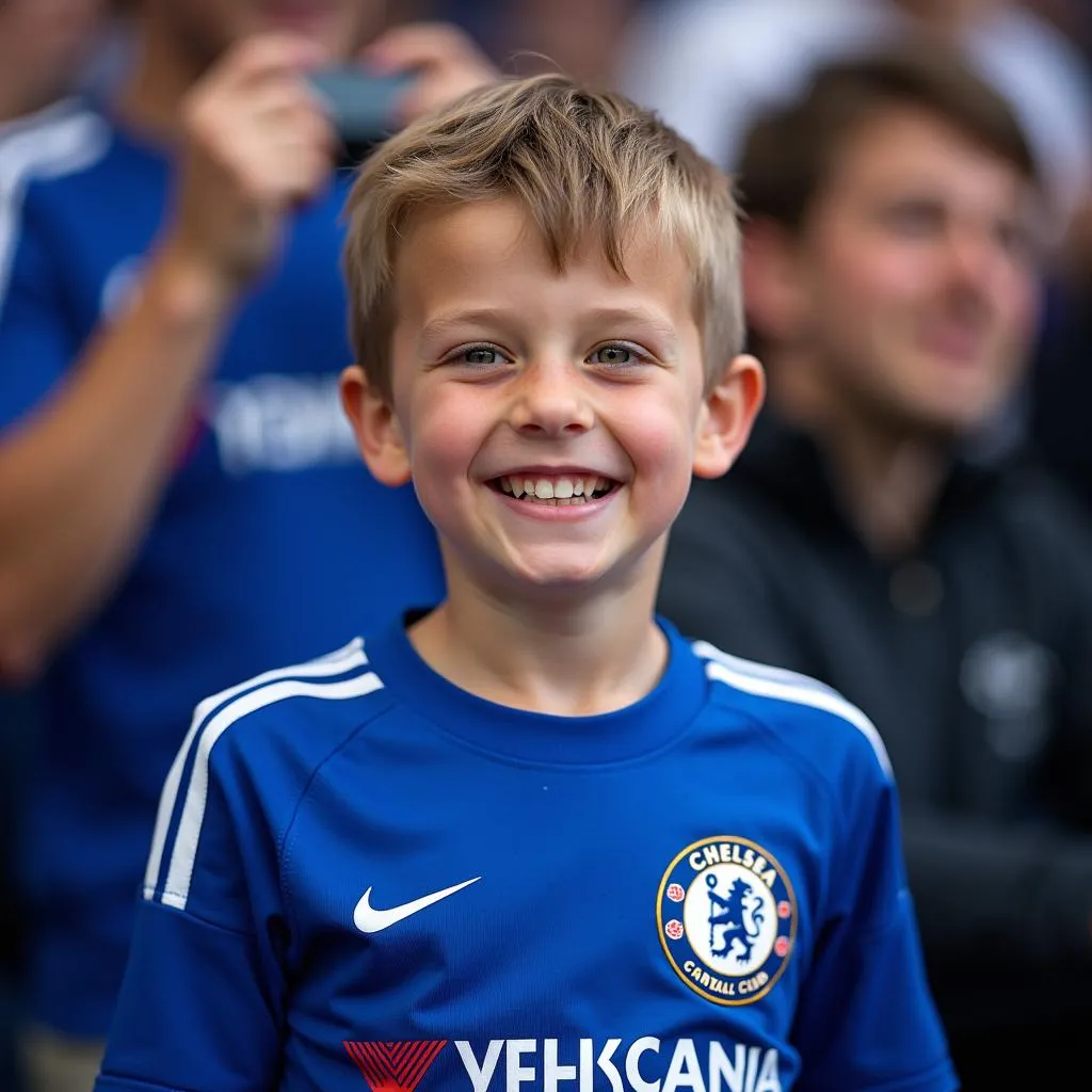 A young Chelsea fan proudly sporting a Chelsea FA Cup jersey