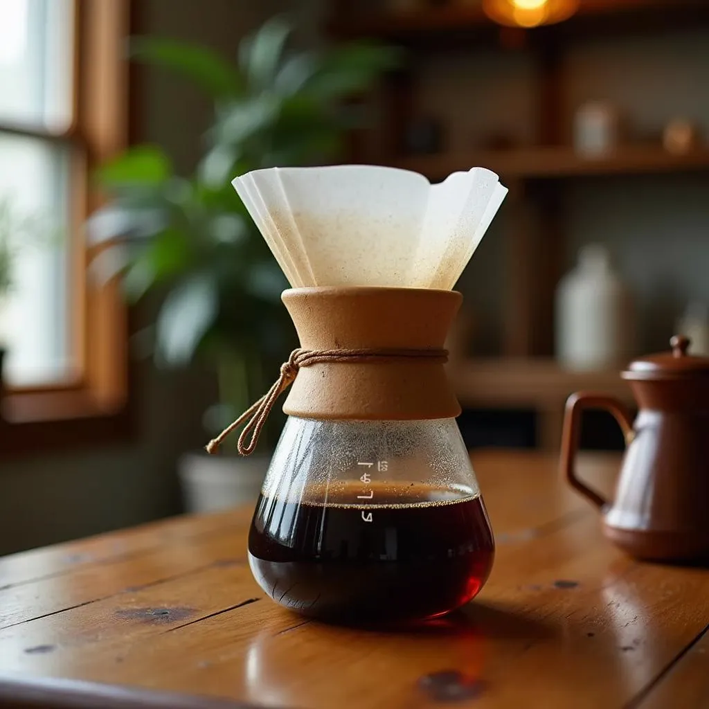 Bình Chemex 8 Cup trên bàn gỗ sồi sang trọng