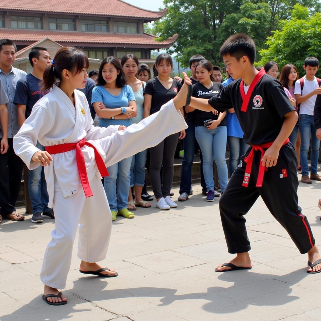 Hình ảnh võ sinh CLB Võ Thuật Nguyễn Trung Trực Sóc Trăng tham gia thi đấu giao lưu, thể hiện tinh thần thượng võ và kỹ năng chiến đấu.