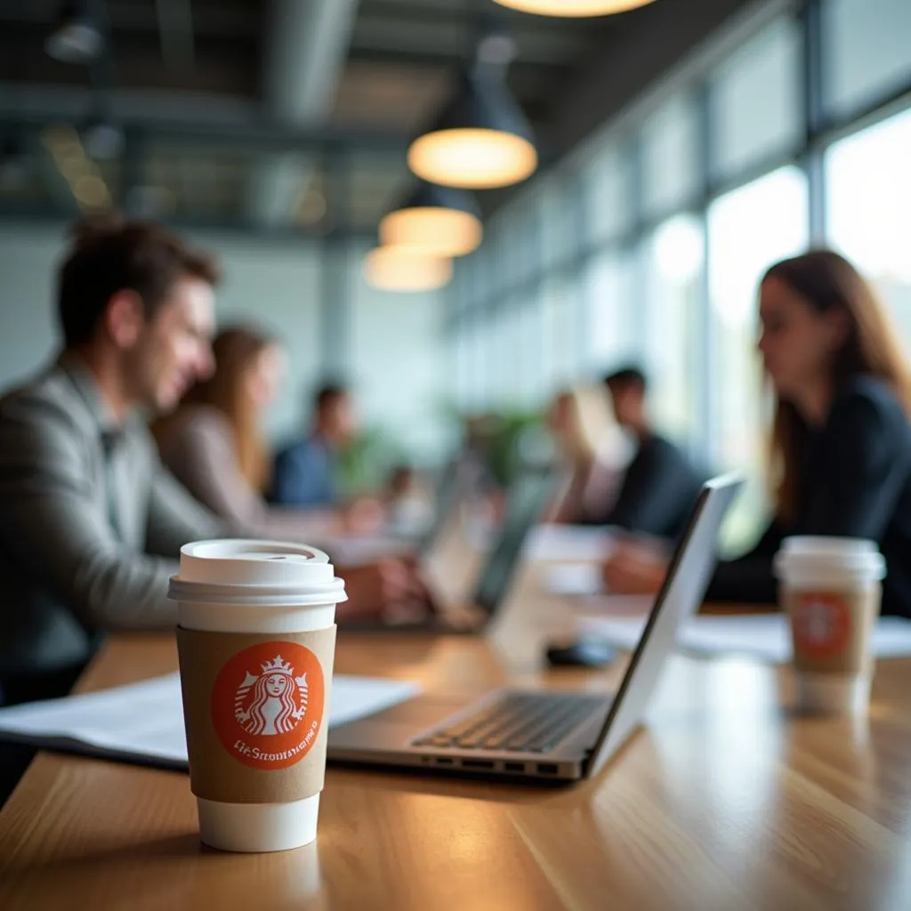 Custom coffee cups with logo in an office setting