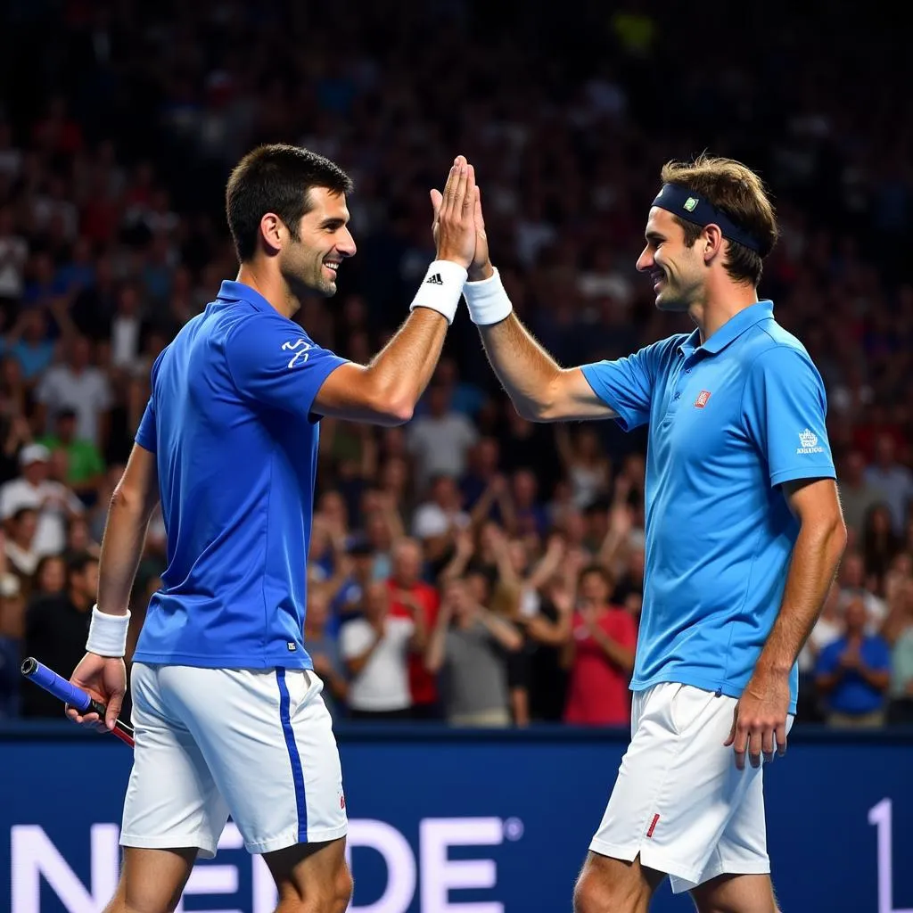 Djokovic và Federer ăn mừng chiến thắng trong trận đấu đôi tại Laver Cup 2018