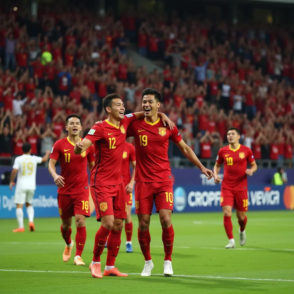 Đội tuyển Việt Nam ăn mừng bàn thắng vào lưới Lào tại AFF Cup 2018