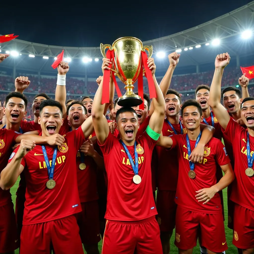 Tuyển thủ Việt Nam nâng cao chiếc cúp vô địch AFF Cup 2018 trong niềm hân hoan.