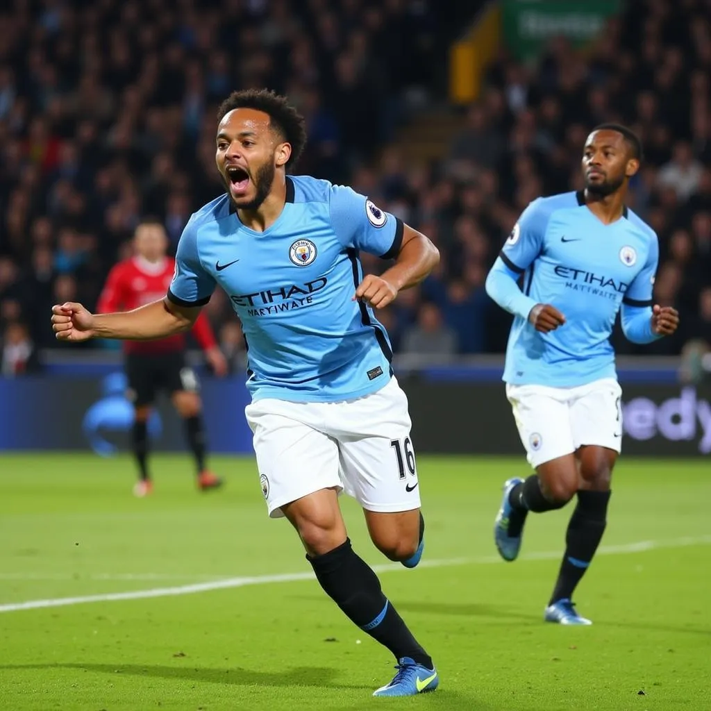 Raheem Sterling scoring Manchester City's second goal in the 2019 FA Cup Final