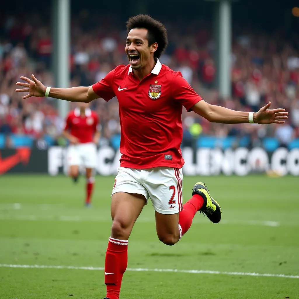 Singaporean football legend Fandi Ahmad celebrates scoring a goal.