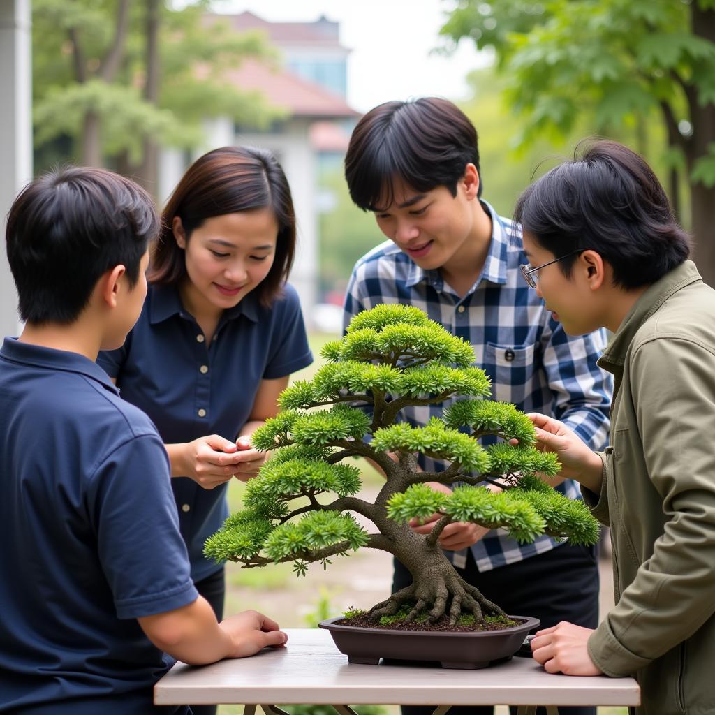 Các thành viên CLB cây cảnh Phủ Quảng giao lưu kinh nghiệm chăm sóc cây