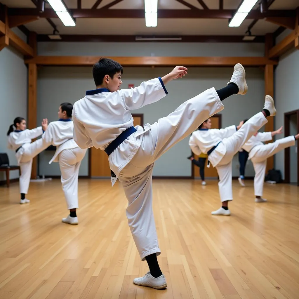 Các học viên Taekwondo đang luyện tập đá chân.