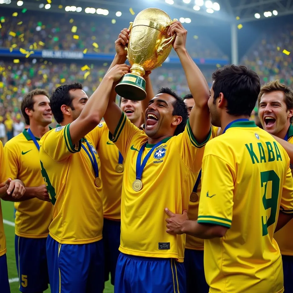 Kaka cùng đội tuyển Brazil nâng cúp vàng World Cup 2002