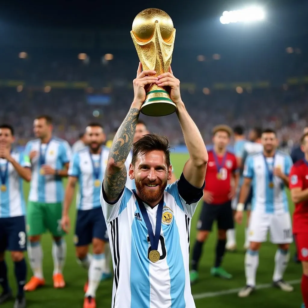 Lionel Messi nâng cao chiếc cúp vàng World Cup 2022