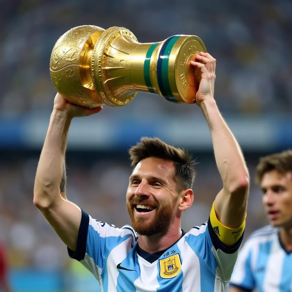 Lionel Messi lifts the World Cup trophy