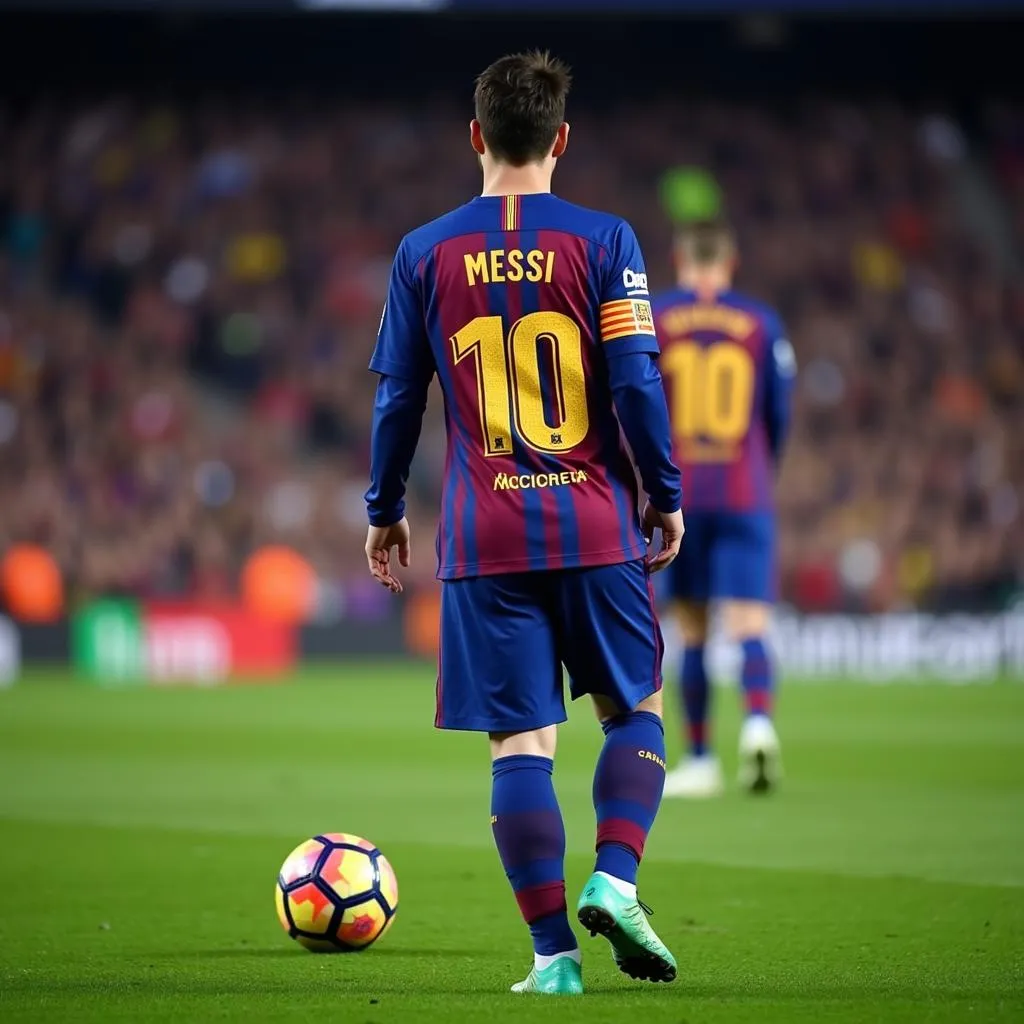 Lionel Messi thực hiện quả đá phạt trực tiếp trong trận Siêu cúp Châu Âu 2015