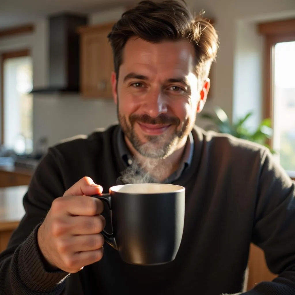 Man drinking coffee from a black matte cup