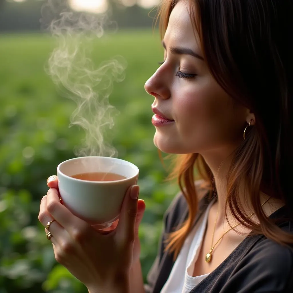 A woman enjoying a cup of Darjeeling tea