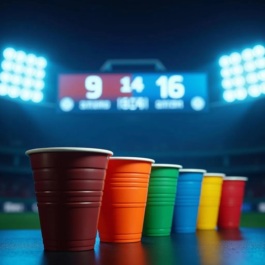 Nice cups strategically placed on an electronic scoreboard table during a football match.