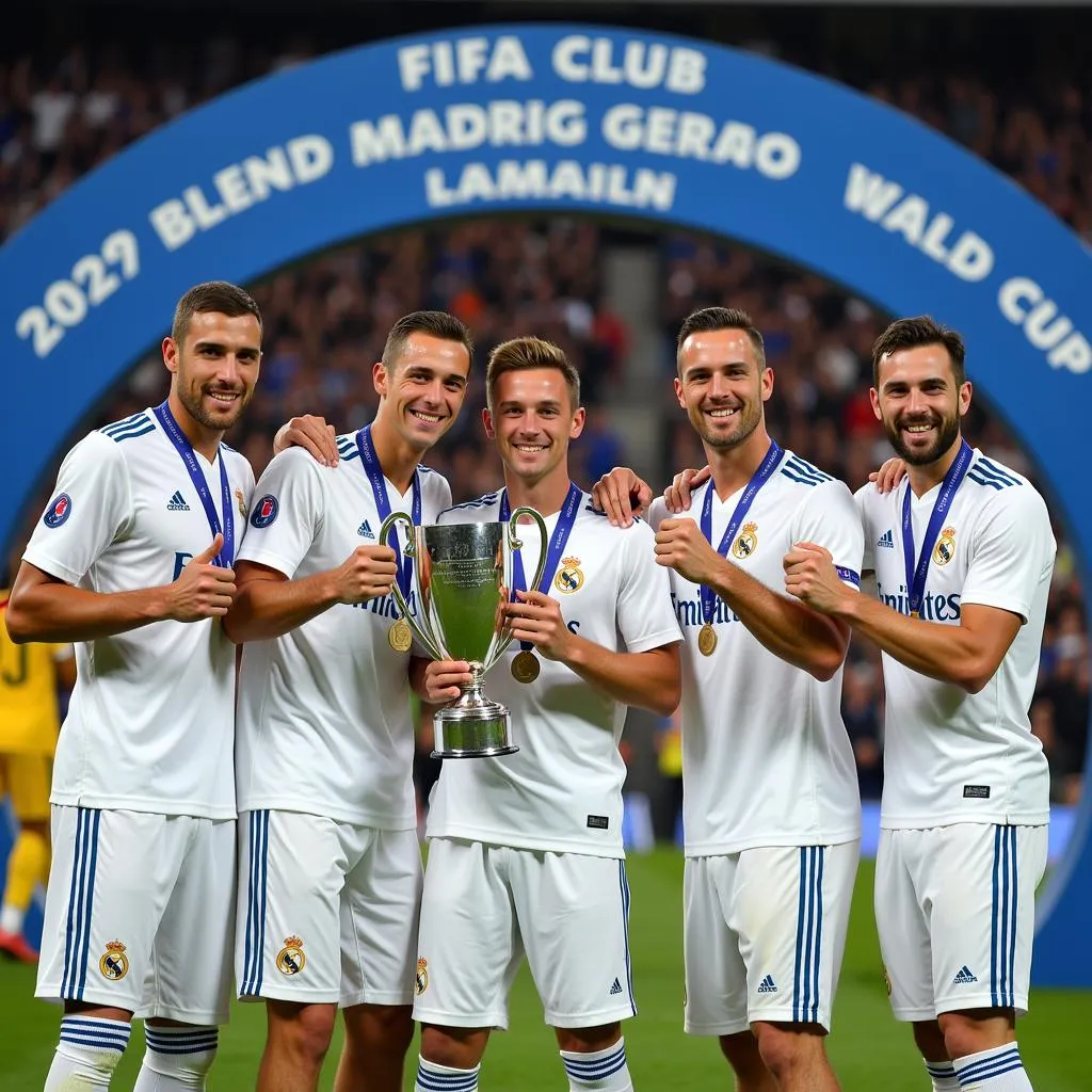 Real Madrid celebrating with the FIFA Club World Cup trophy