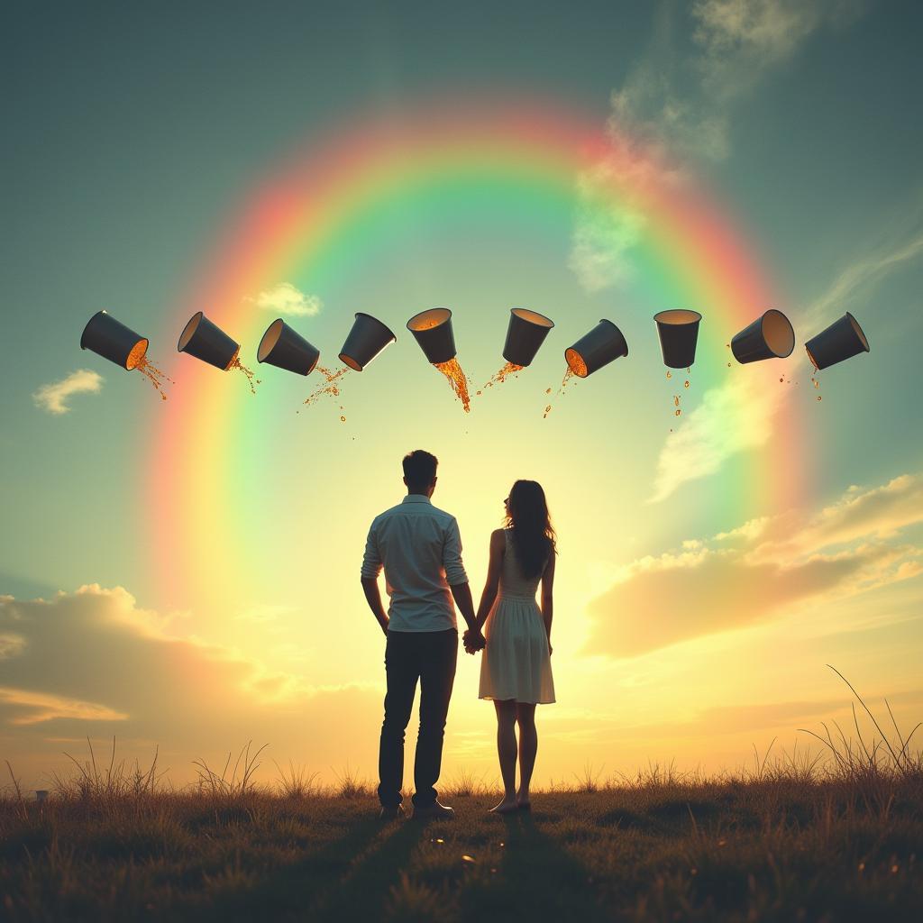 Couple facing challenges under a fading rainbow