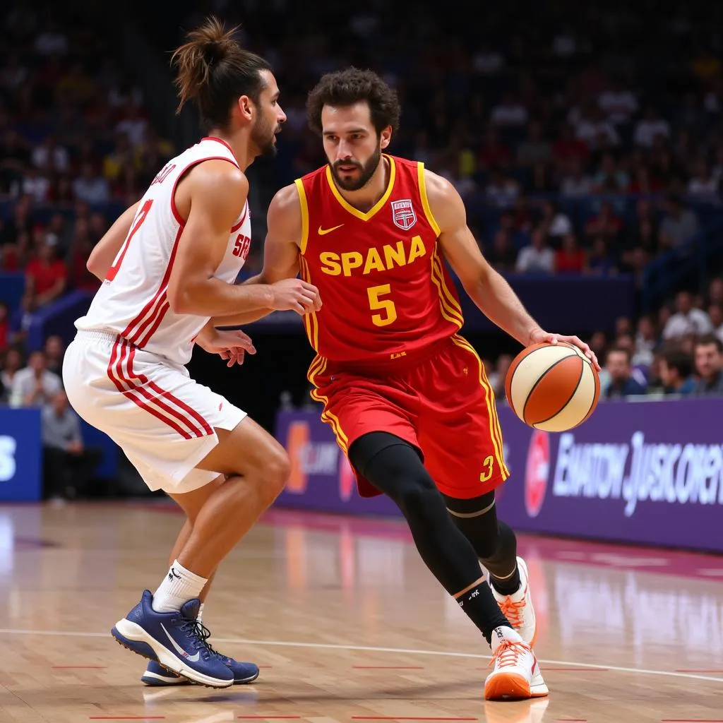 Ricky Rubio skillfully dribbling past an opponent during a FIBA World Cup 2019 match.