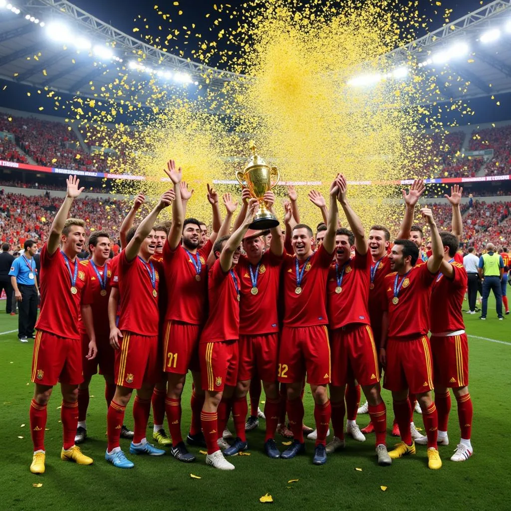 Spain celebrating with the World Cup trophy