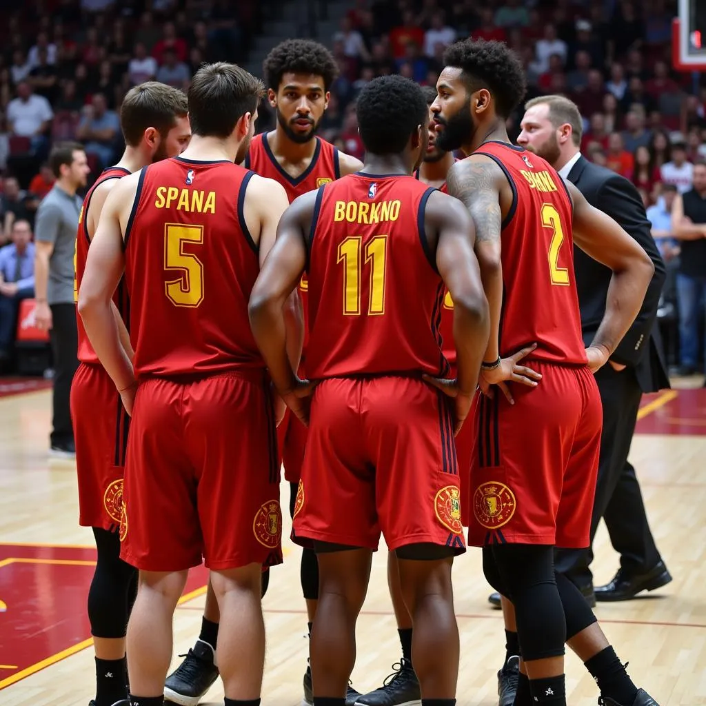 Spanish basketball team huddling during a timeout, strategizing for their next play.