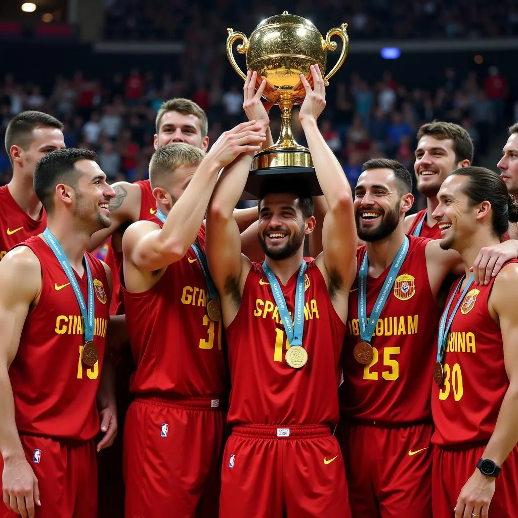 Spanish national basketball team celebrating their victory.