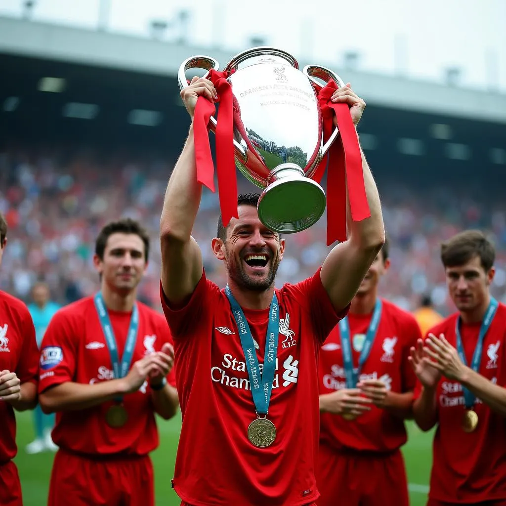 Steven Gerrard lifting the Champions League trophy in 2005