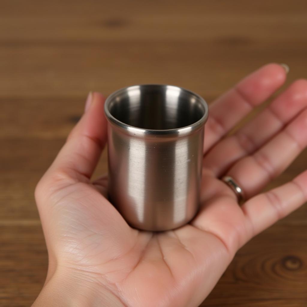 Cận cảnh một chiếc Ti Punch cup được cầm trong lòng bàn tay, làm nổi bật kích thước nhỏ gọn và thiết kế đơn giản của nó.