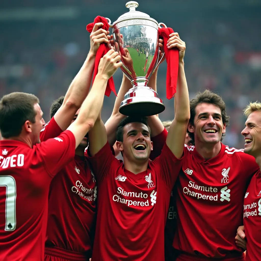 Liverpool players celebrate their UEFA Cup 2001 victory