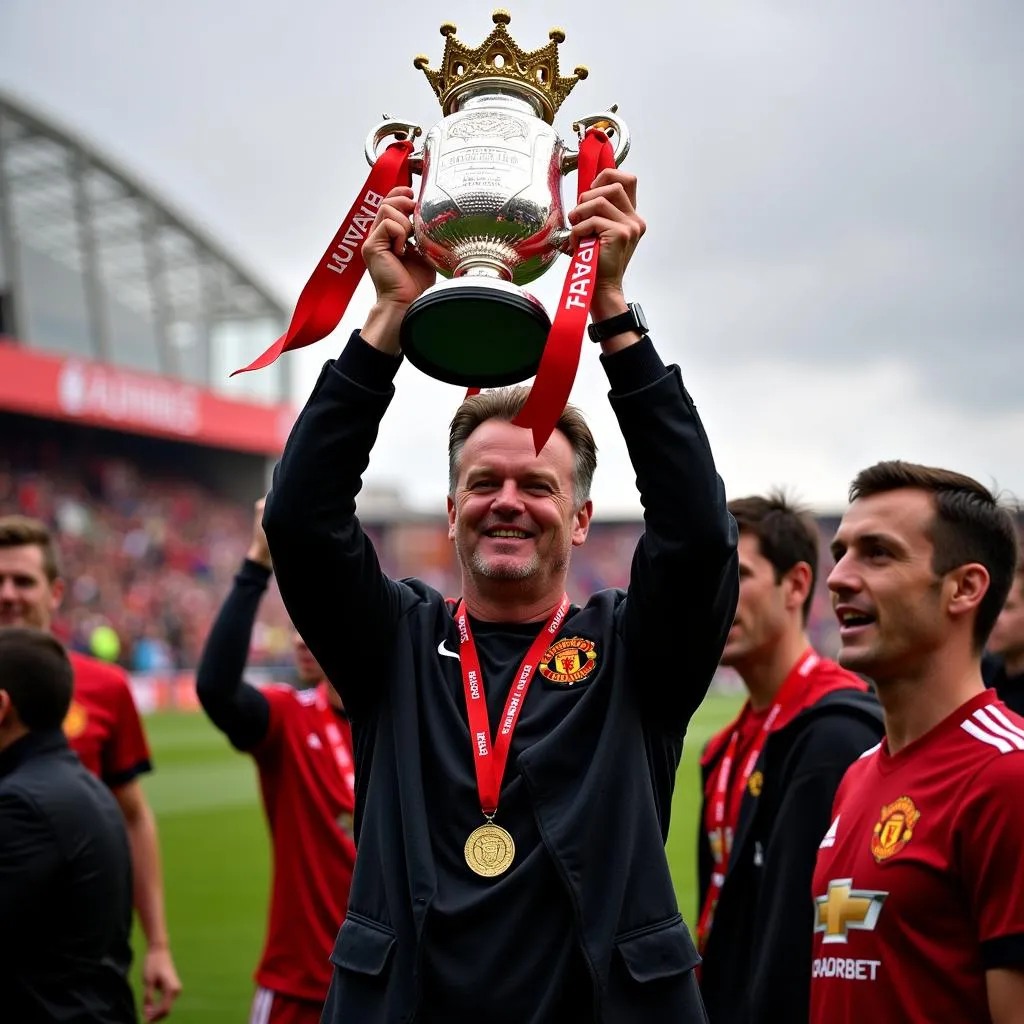 Louis van Gaal holds up the FA Cup trophy