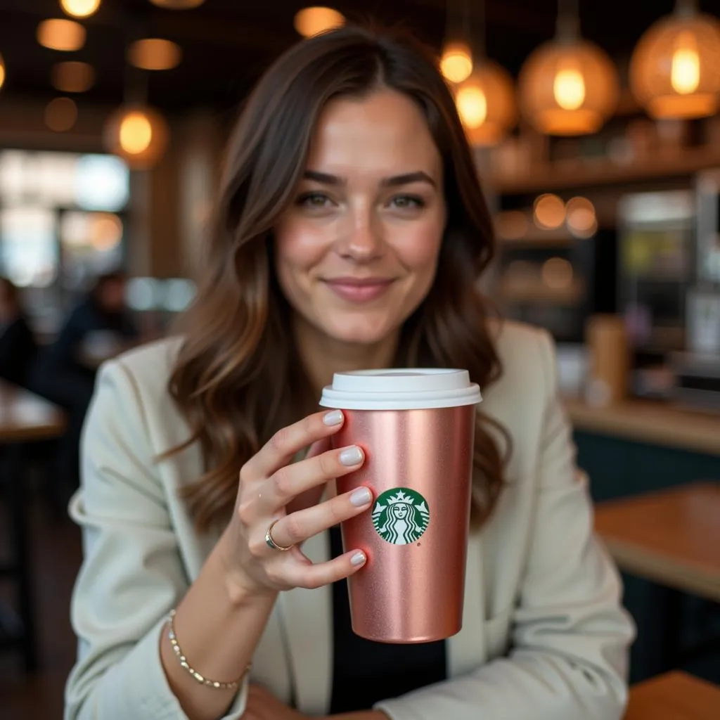 Woman Holding Rose Gold Starbucks Cup