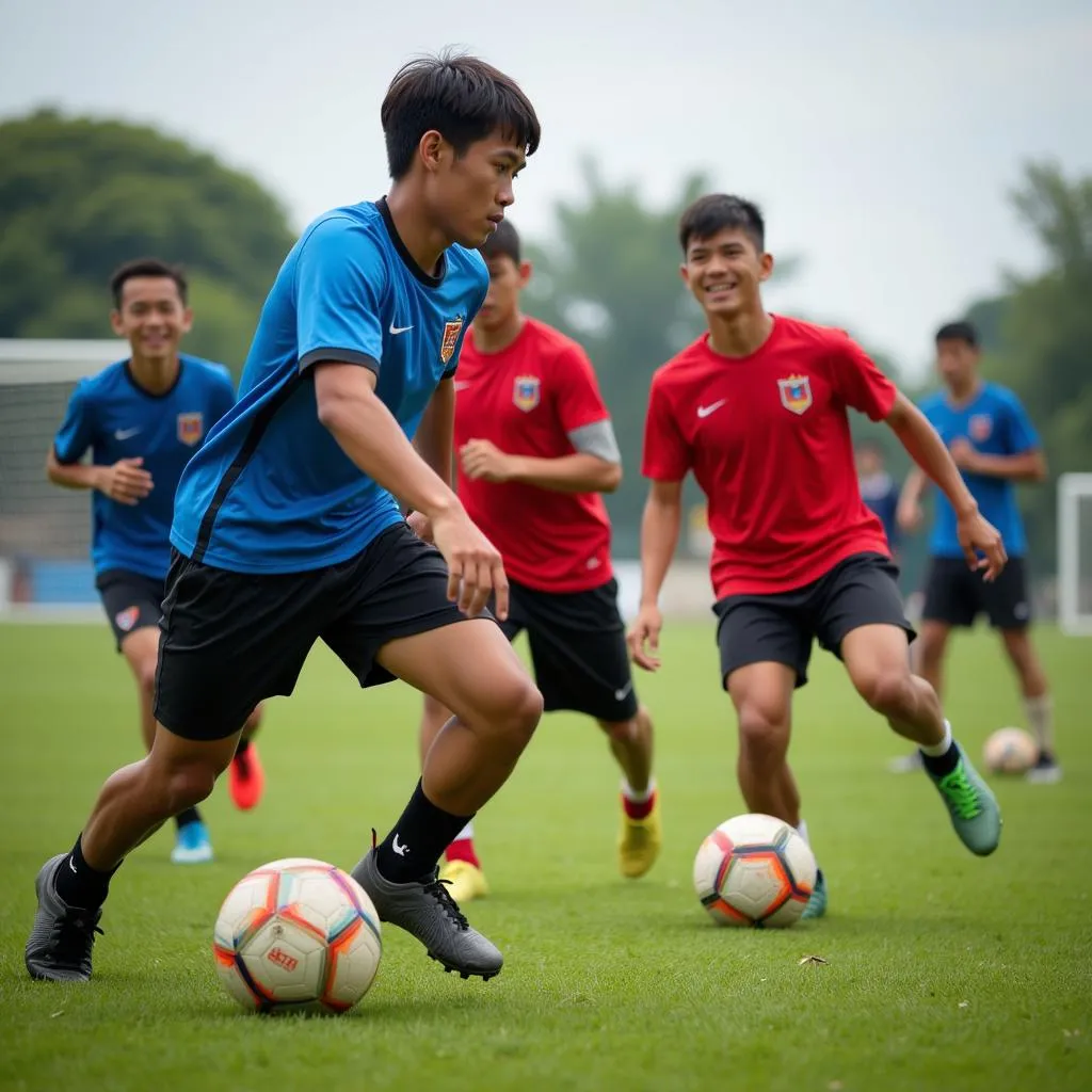 Young Singaporean footballers training with dedication.