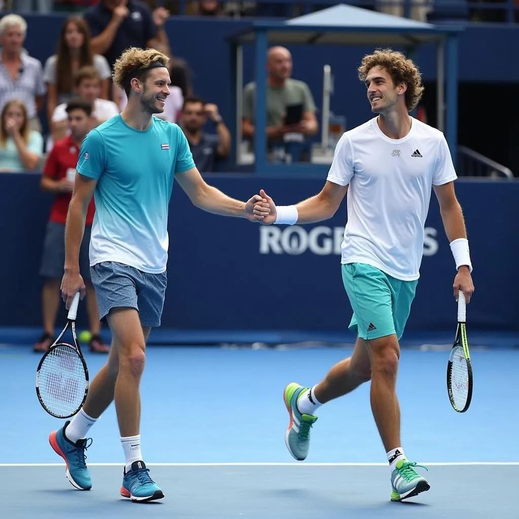 Zverev and his partner play doubles at the 2018 Rogers Cup