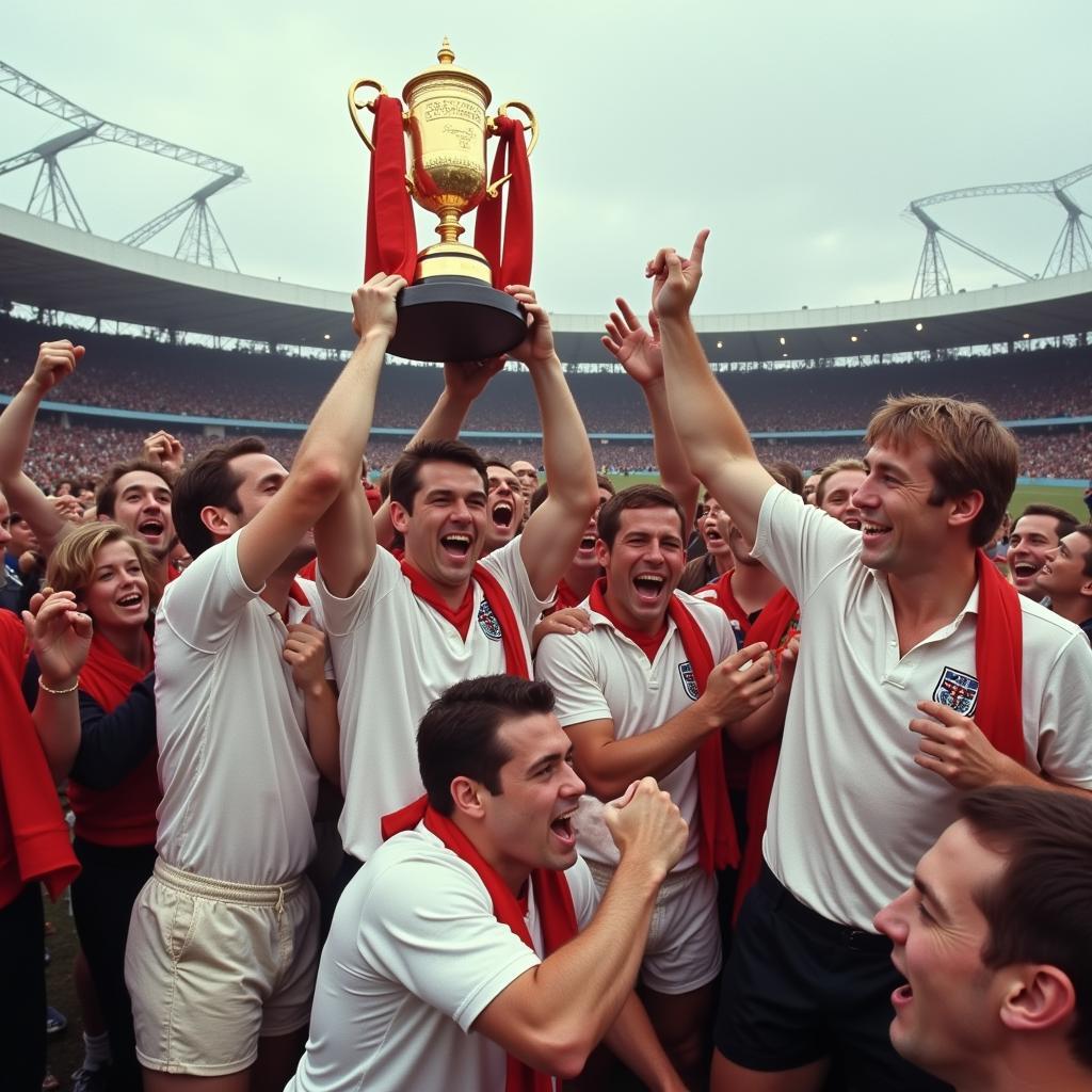 Khoảnh khắc đội tuyển Anh nâng cao Cup Jules Rimet sau chiến thắng tại World Cup 1966