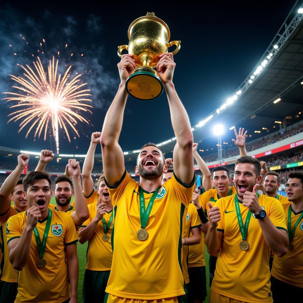 Australia lifting the Asian Cup 2015 trophy