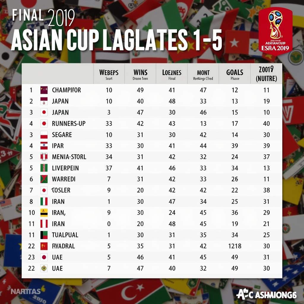 Bảng xếp hạng Asian Cup 2019 chi tiết