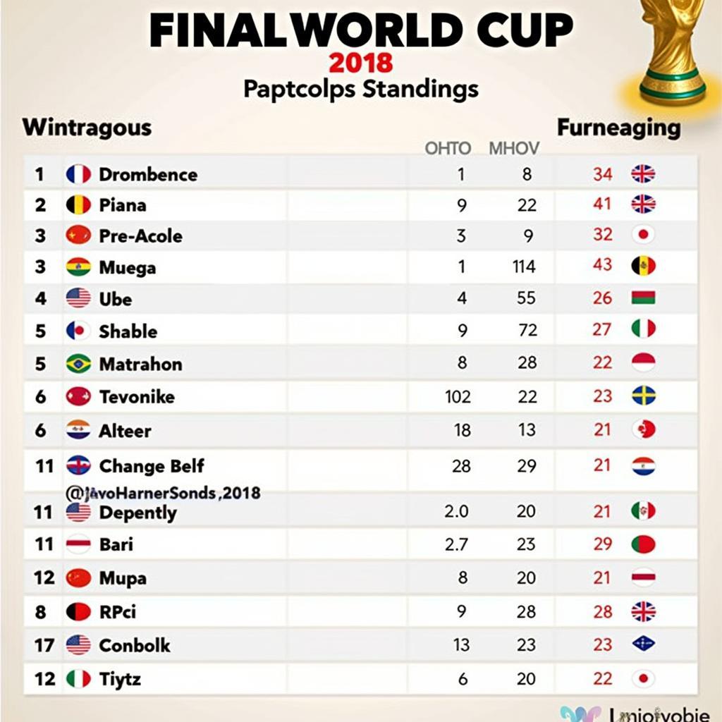 Bảng xếp hạng World Cup 2018 chi tiết