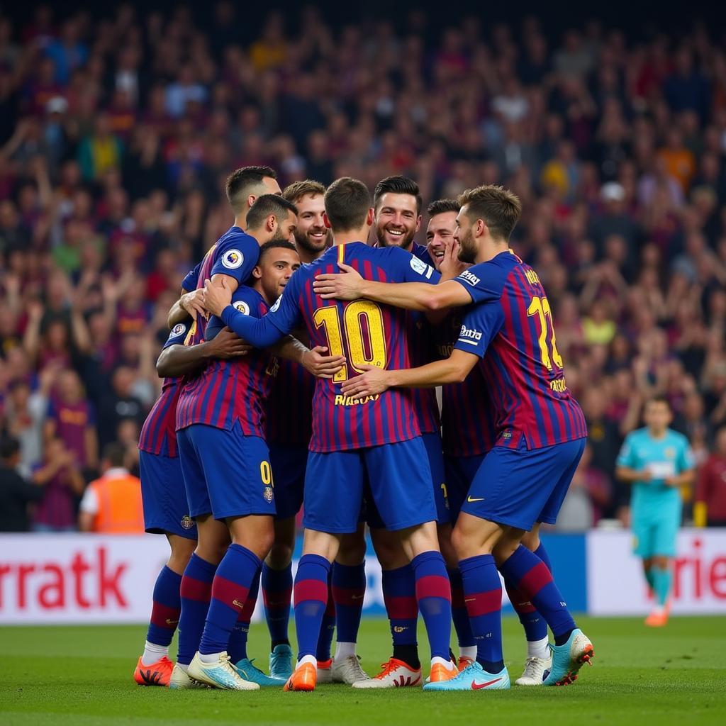 Cầu thủ Barcelona ăn mừng bàn thắng với CĐV trên sân Camp Nou