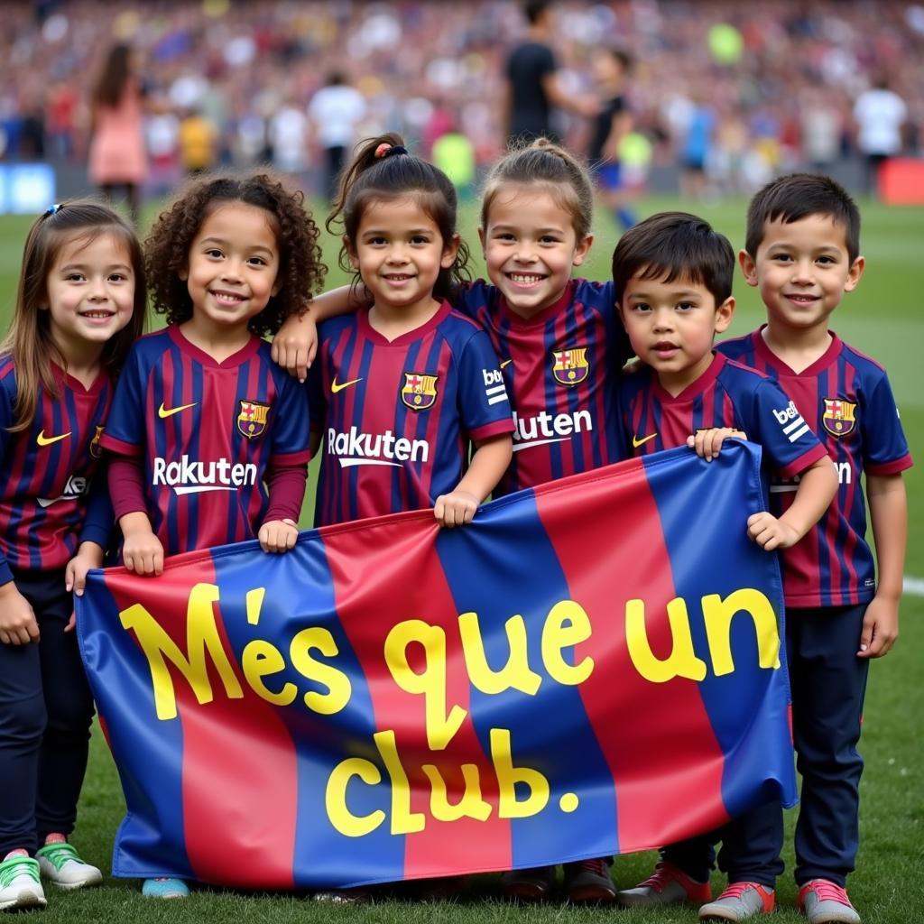 Trẻ em mặc áo đấu Barcelona với biểu ngữ "Més que un club"