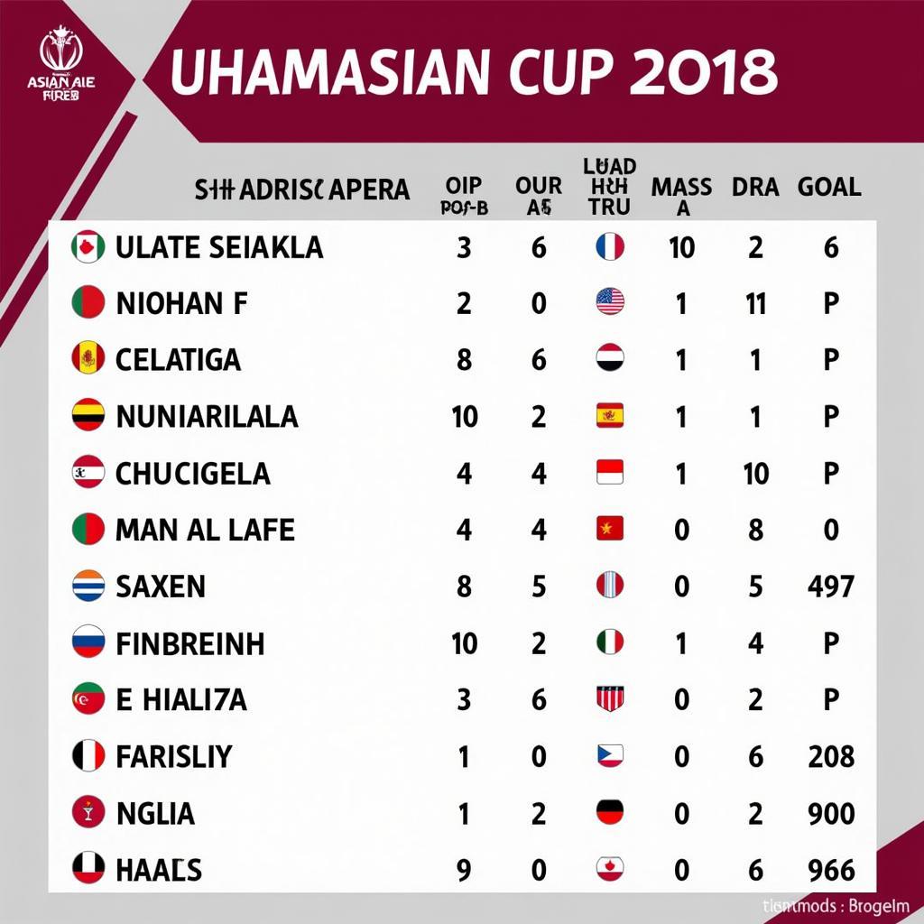 Bảng xếp hạng Asian Cup 2018 với Qatar vô địch