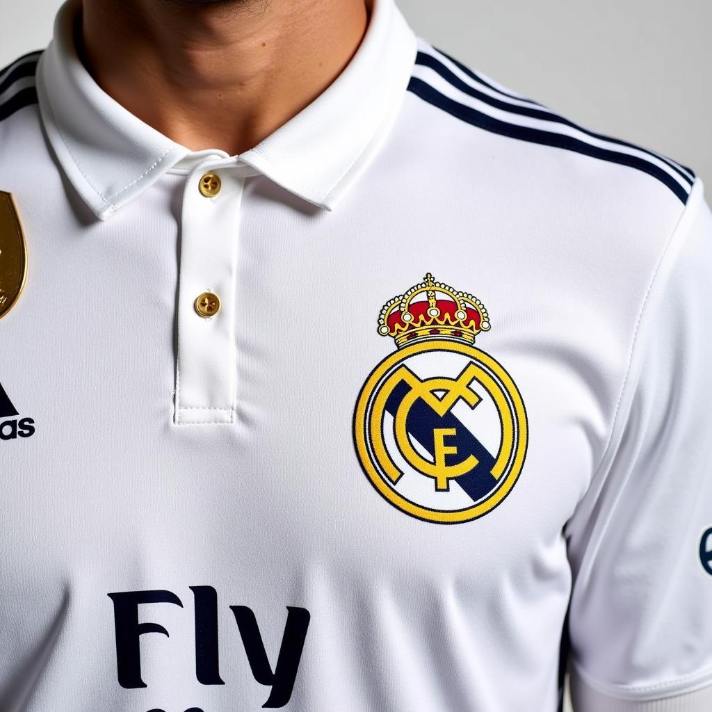 Hình ảnh chi tiết về thiết kế áo Real Madrid, bao gồm logo, nhà tài trợ, và các họa tiết đặc biệt.