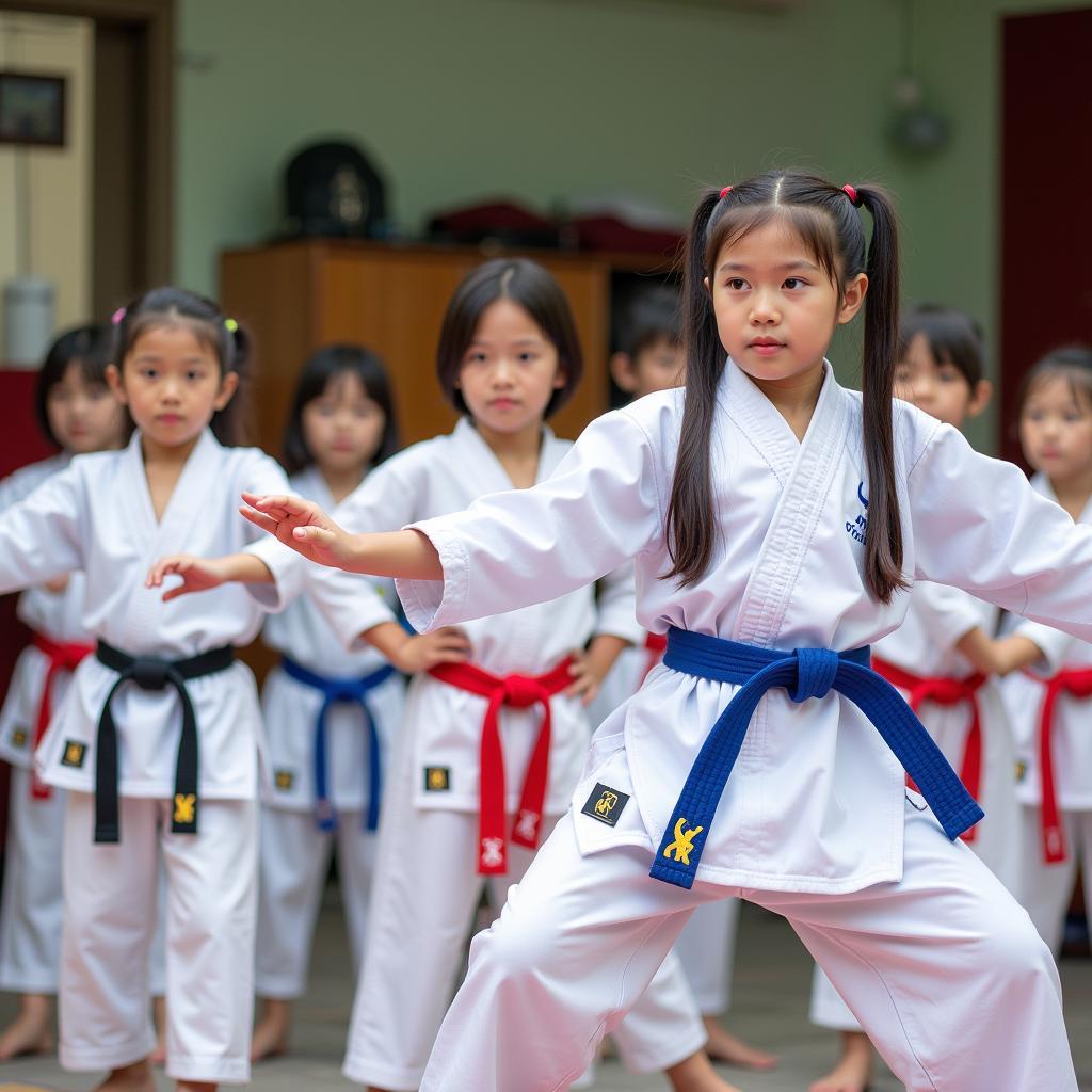 Các học viên CLB Taekwondo Nhà Thiếu Nhi Tân Phú Lê Trọng Tấn đang tập luyện