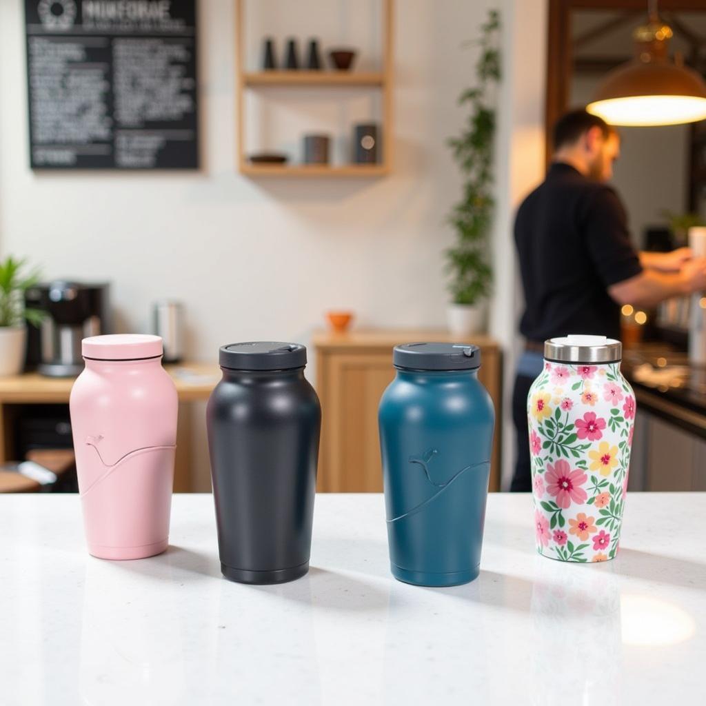 Reusable stainless steel coffee cups with various designs