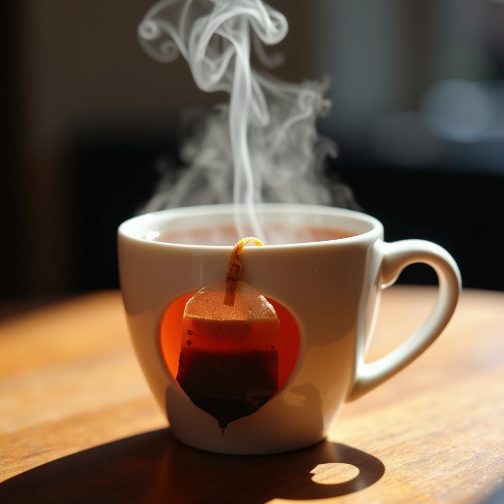 A steaming cup of tea with a tea bag