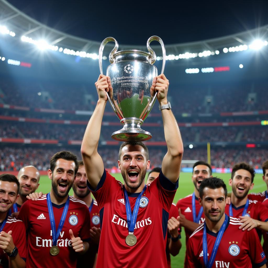 Hình ảnh cup vinh danh Champions League được nâng cao bởi đội trưởng đội chiến thắng