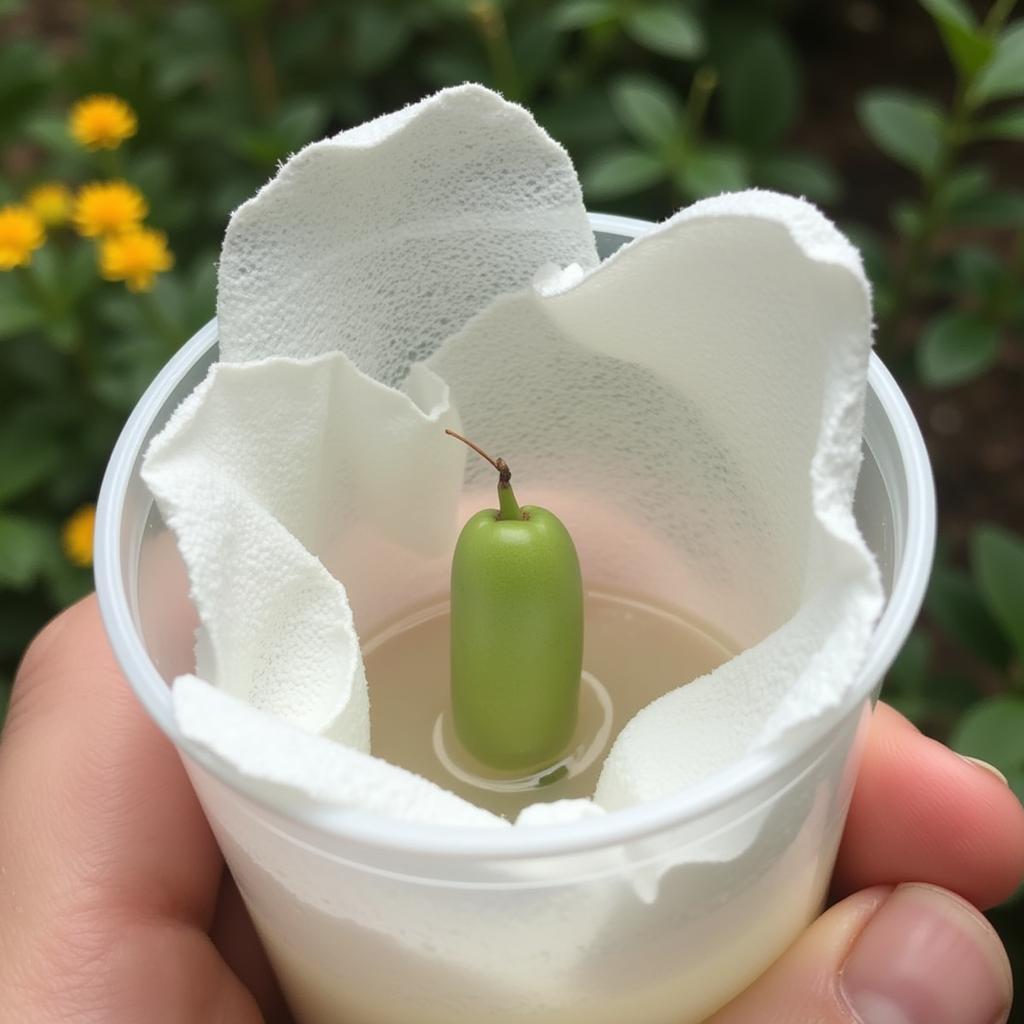 Placing the bean seed between paper towel and cup